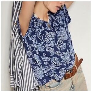 Free People We the Free Nina Printed Tee Medium indigo blue white new nwt cotton